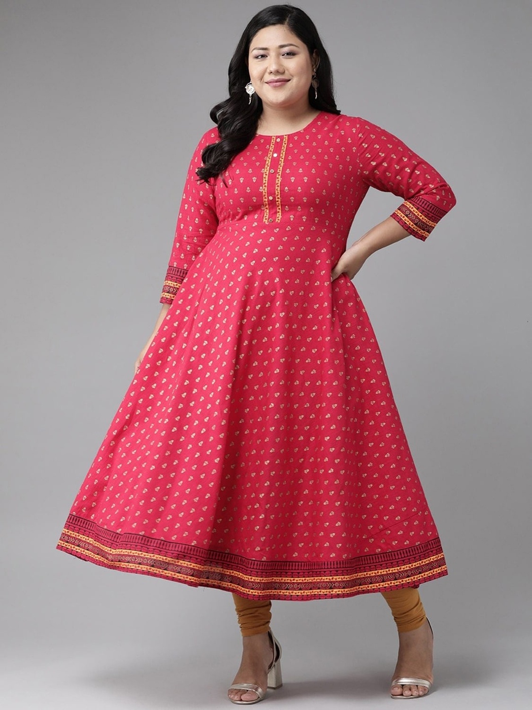

KALINI Plus Size Ethnic Motifs Printed Round Neck Anarkali Kurta, Pink