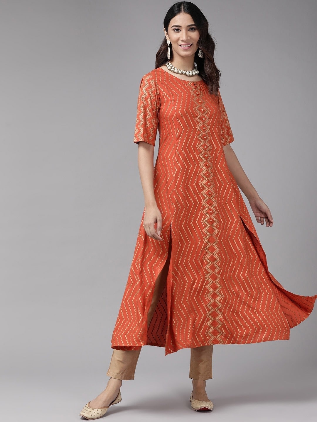 

KALINI Geometric Printed Round Neck A Line Kurta, Orange