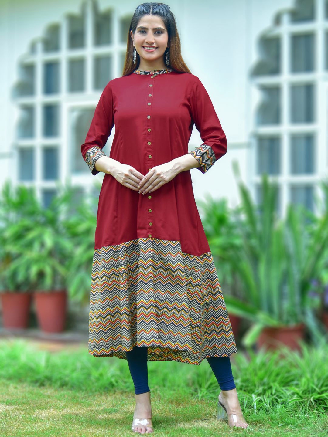 

KALINI Chevron Printed A-Line Kurta, Maroon