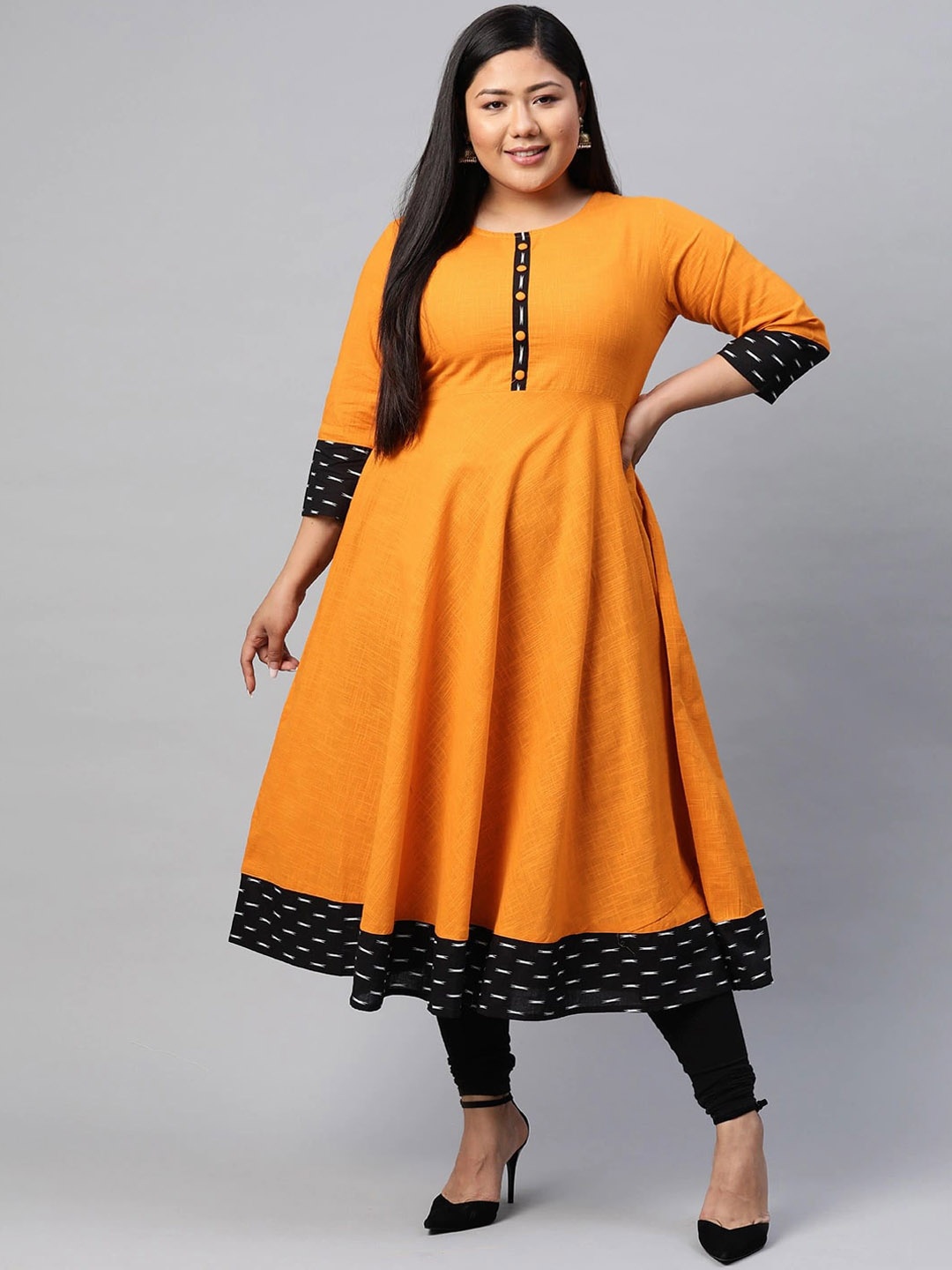 

KALINI Round Neck Thread Work Plus Size Anarkali Kurta, Mustard