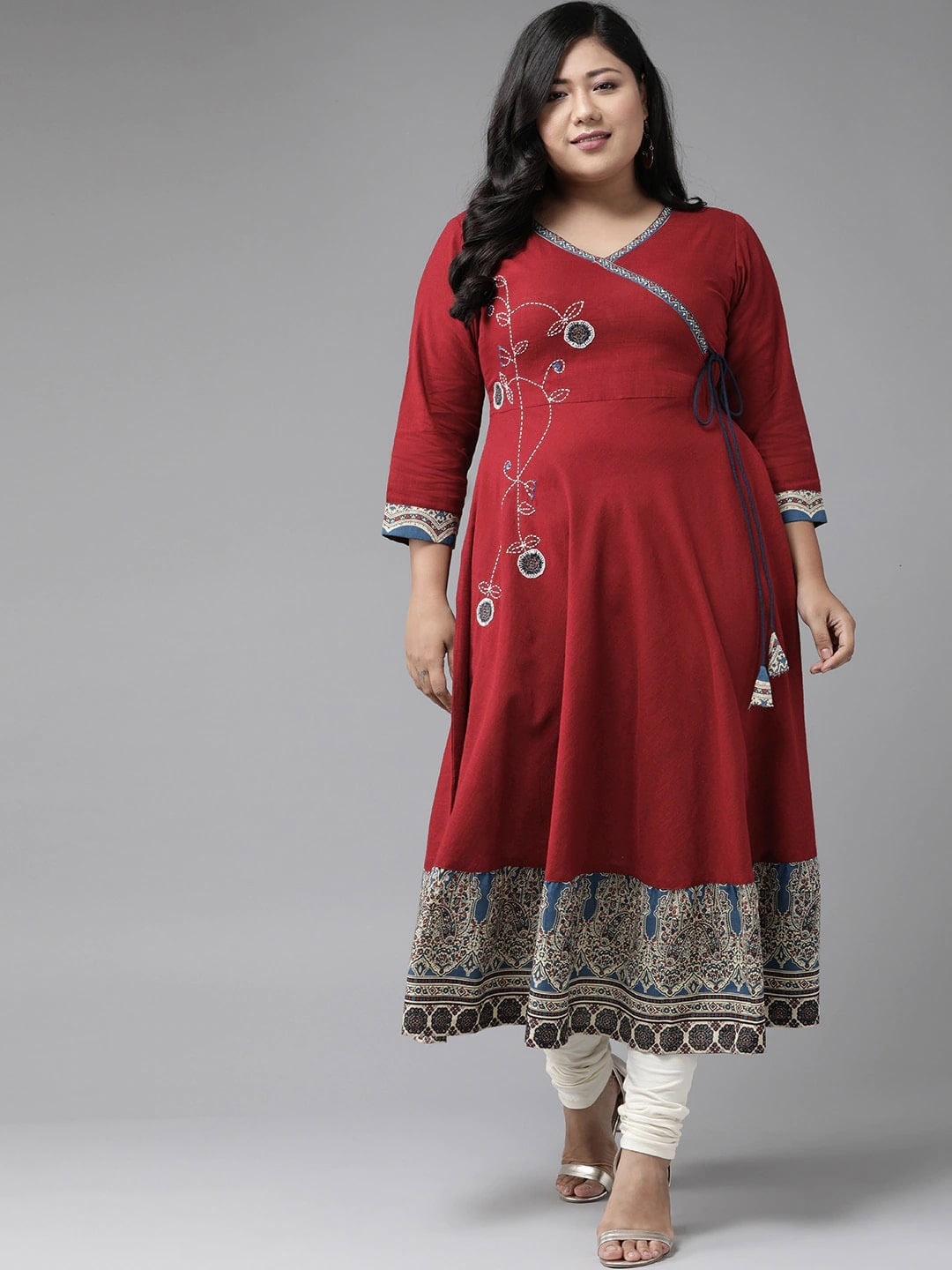 

KALINI Embroidered Thread Work Plus Size Anarkali Kurta, Maroon