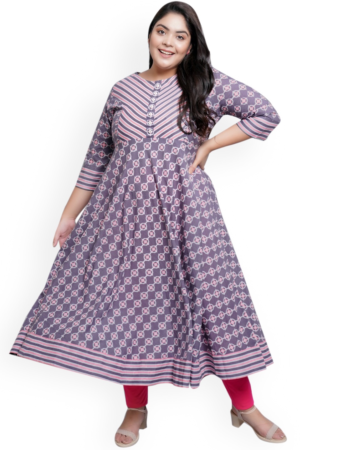 

KALINI Plus Size Geometric Printed Cotton Anarkali Kurta, Pink