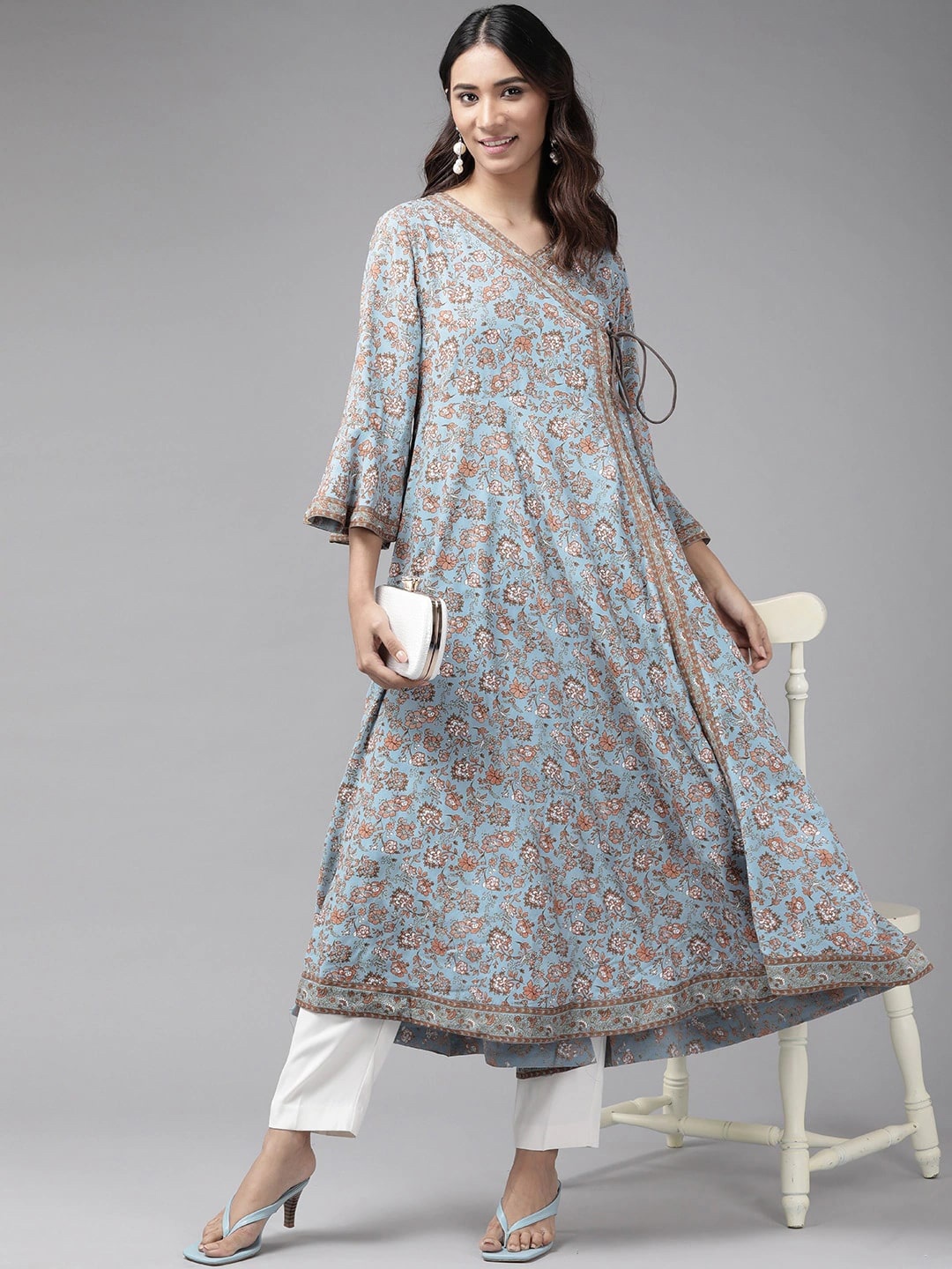 

KALINI Floral Printed Regular Thread Work Angrakha Style Anarkali Kurta, Blue