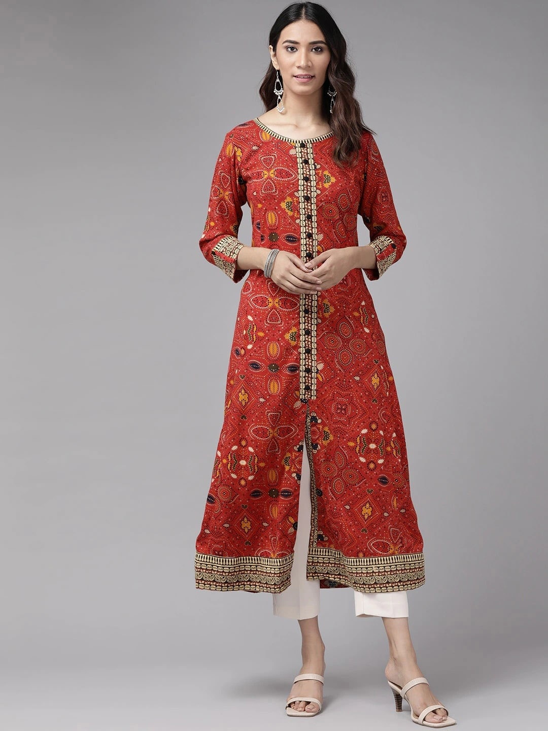 

KALINI Paisley Printed Keyhole Neck Sequinned Anarkali Kurta, Red