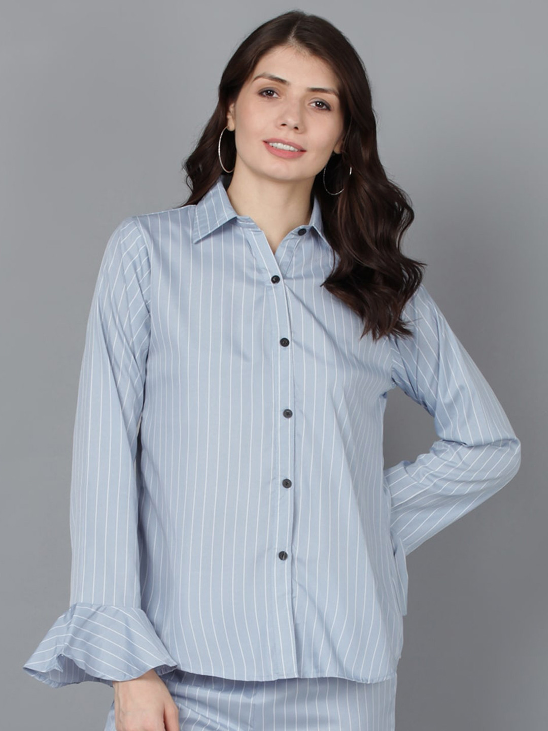 

Fashfun Striped Bell Sleeve Shirt Style Top, Blue