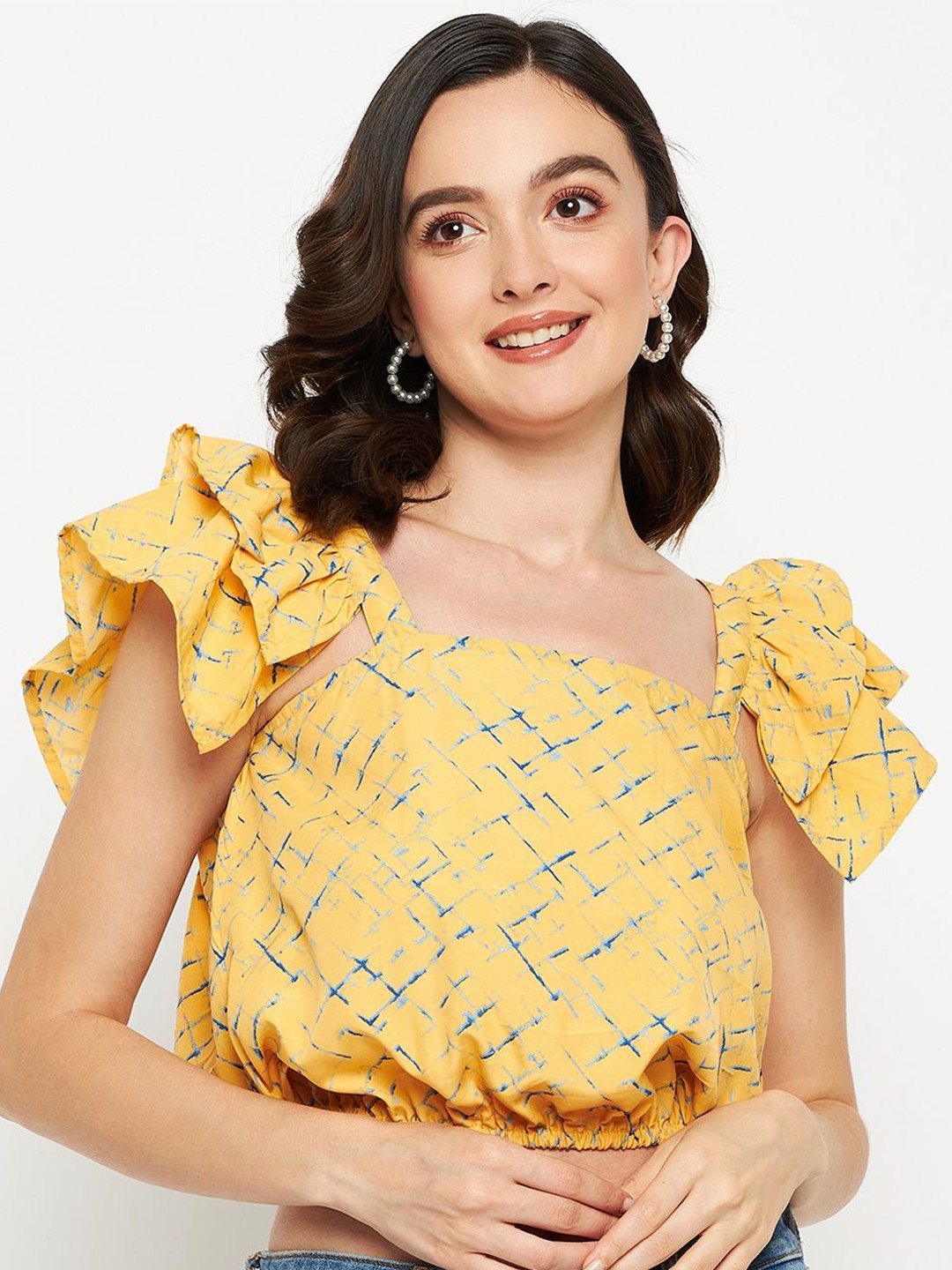 

Fashfun Abstract Printed Flutter Sleeve Blouson Crop Top, Blue