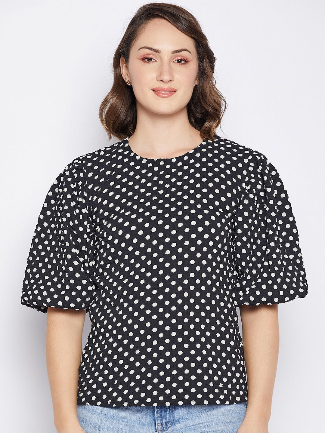 

Fashfun Polka Dot Print Flared Sleeve Crepe Top, Black