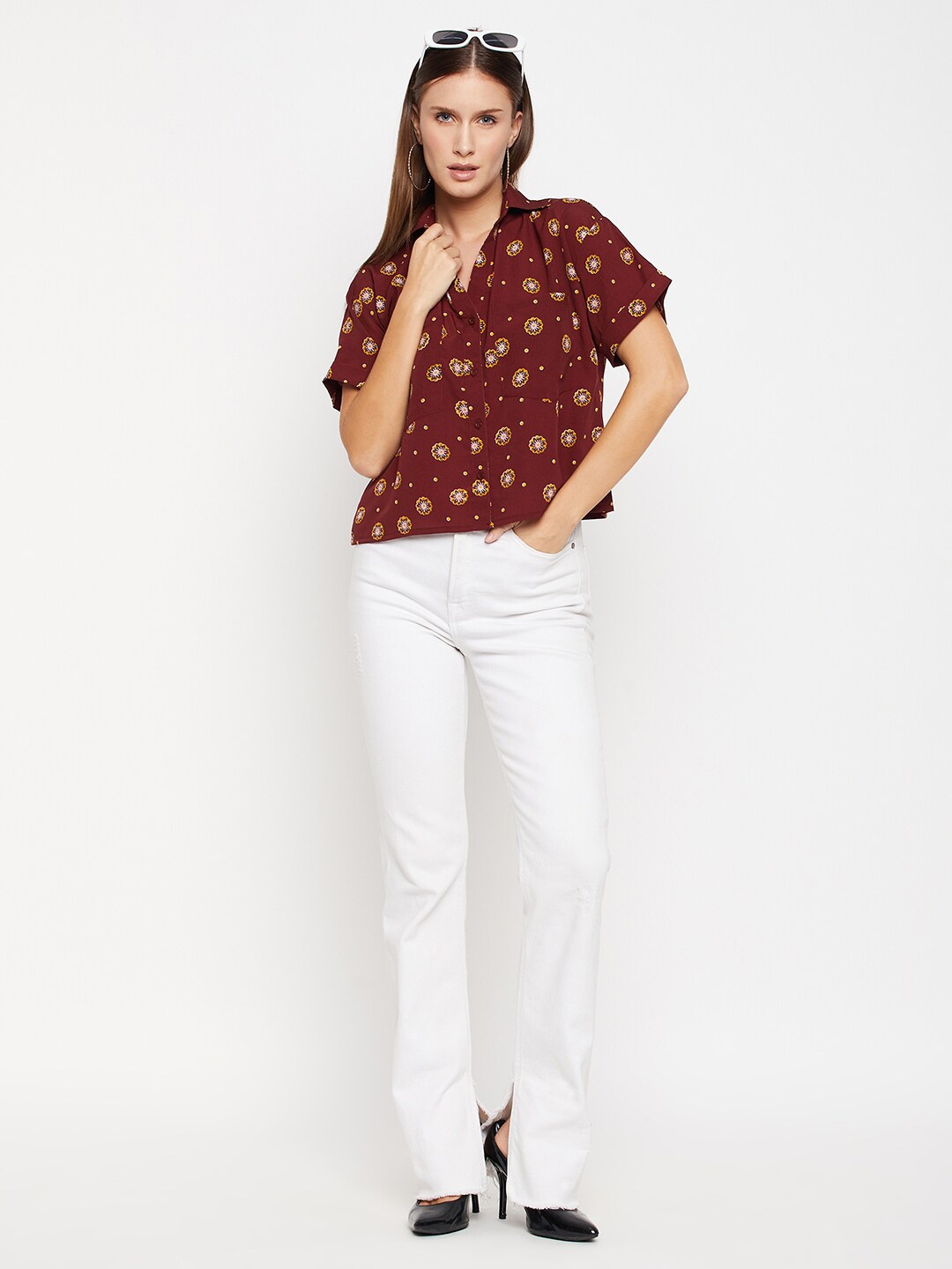 

Fashfun Floral Print Shirt Collar Crepe Top, Maroon