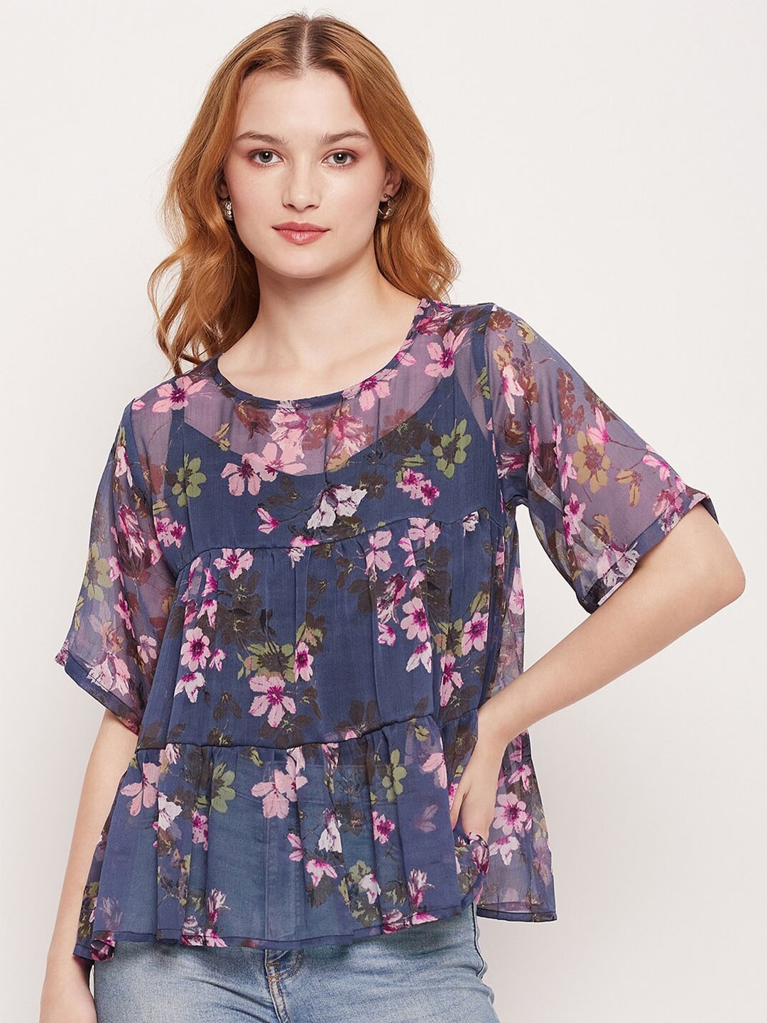 

Fashfun Floral Printed Chiffon Tiered Top, Navy blue