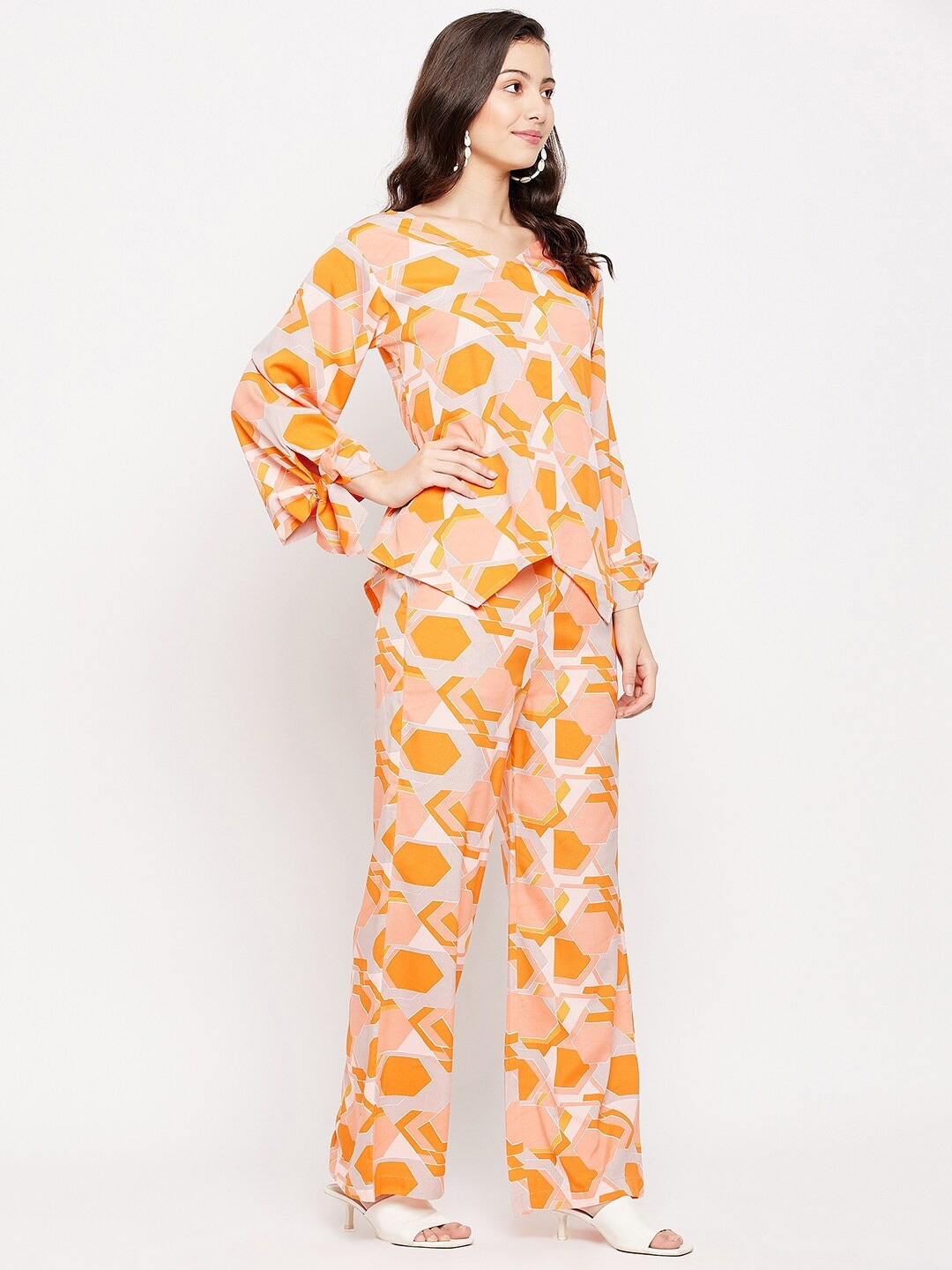 

Fashfun Geometric Printed Round Neck Crepe Top, Orange