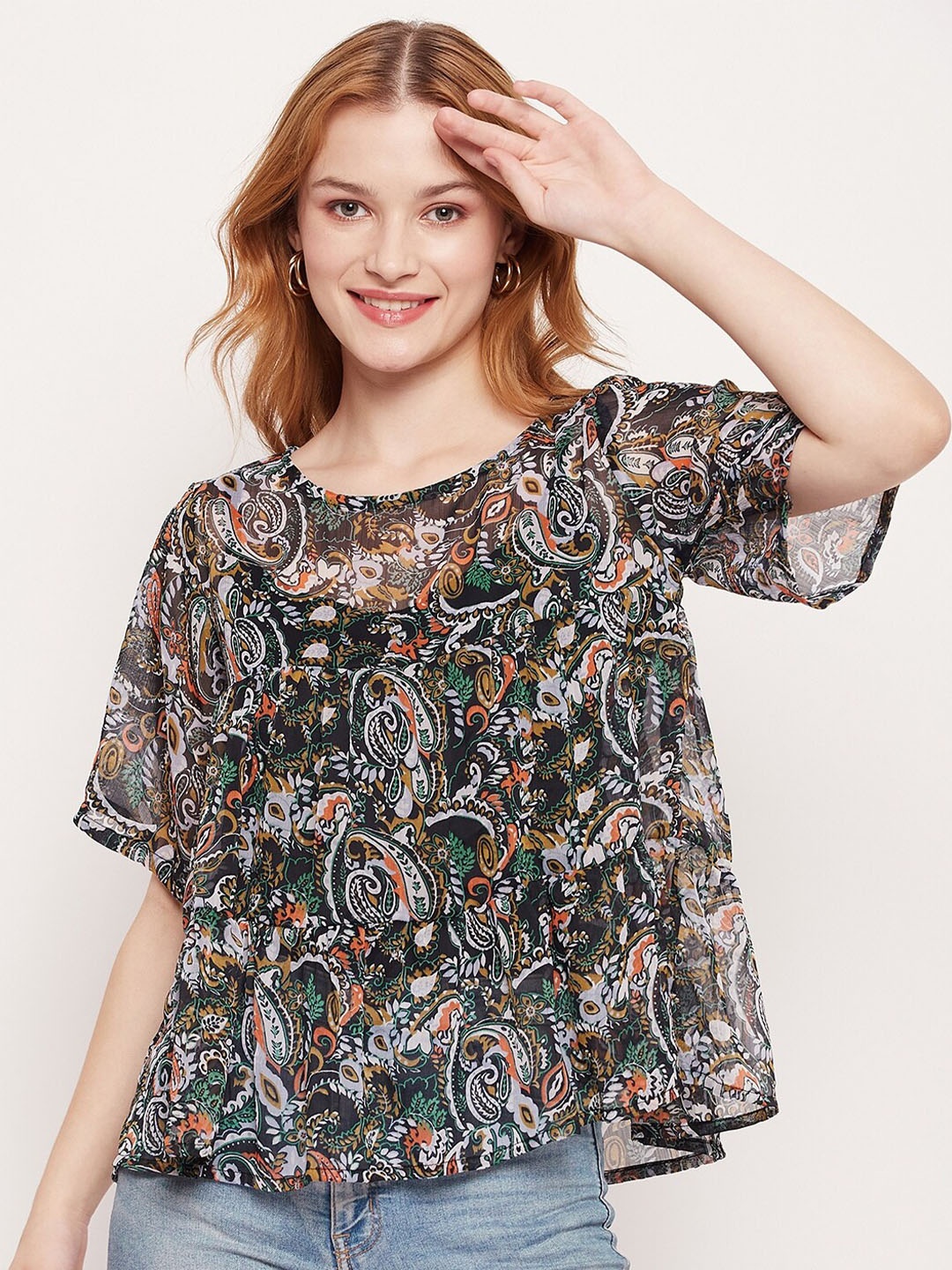 

Fashfun Round Neck Ethnic Motifs Printed Chiffon Top, Black