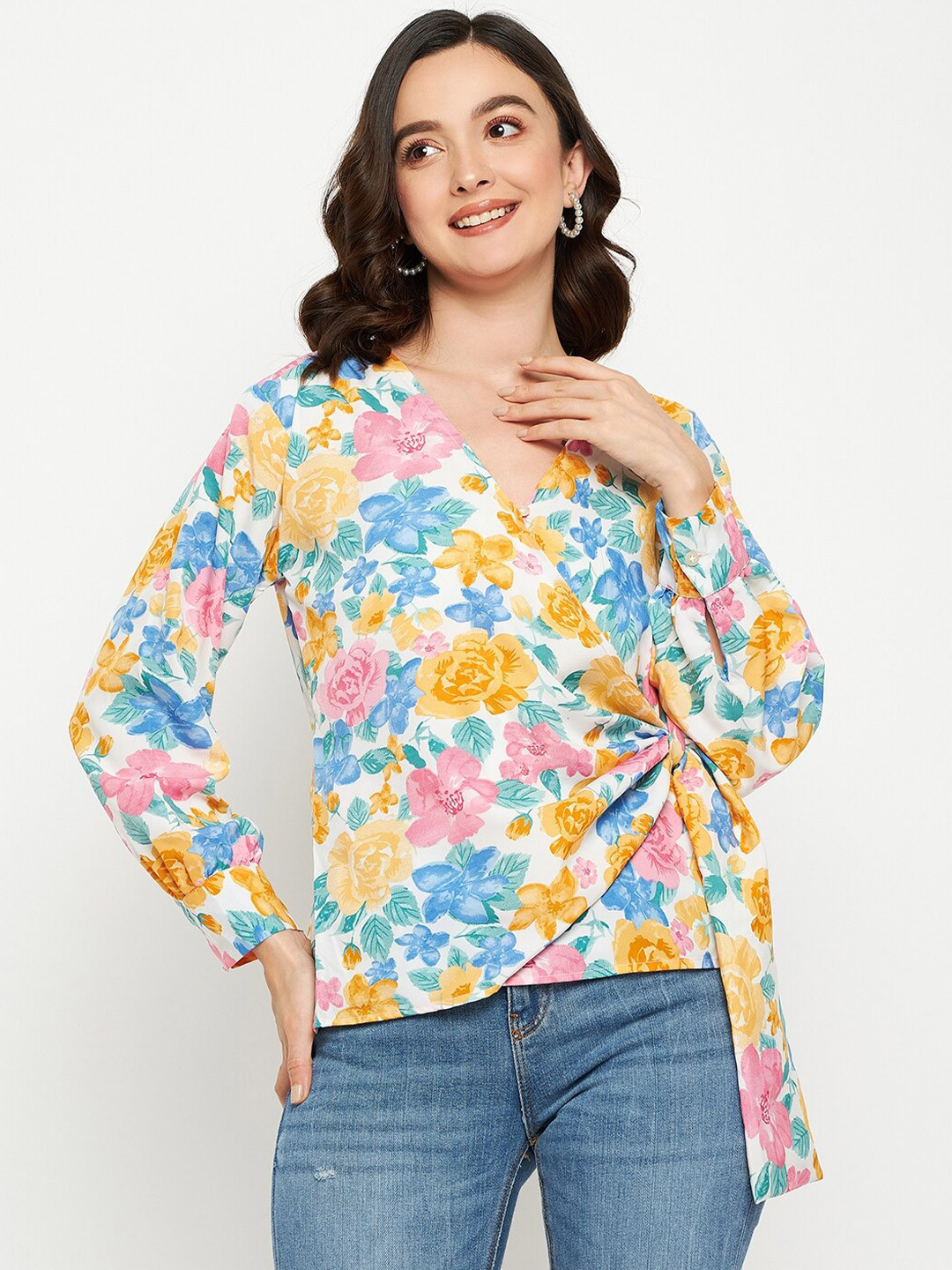 

Fashfun Floral Printed Puff Sleeve Wrap Top, White
