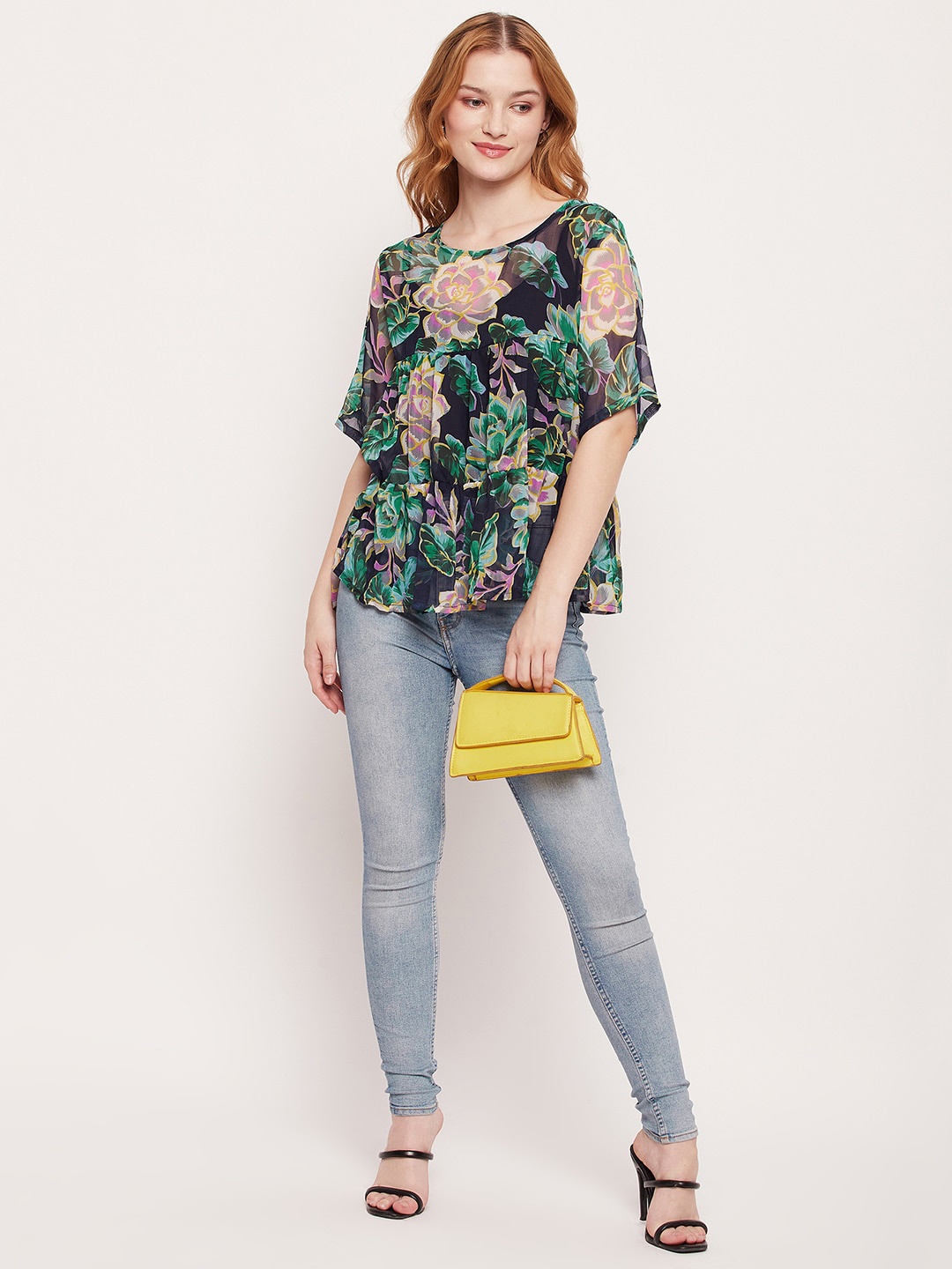 

Fashfun Floral Print Round Neck Chiffon Top, Green