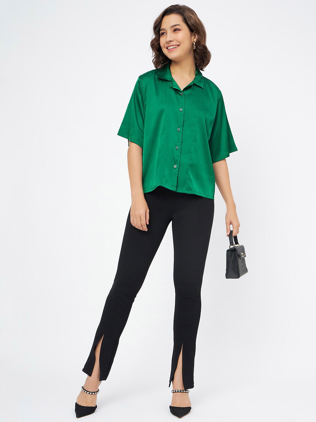 

Fashfun Cuban Collar Satin Shirt Style Top, Green