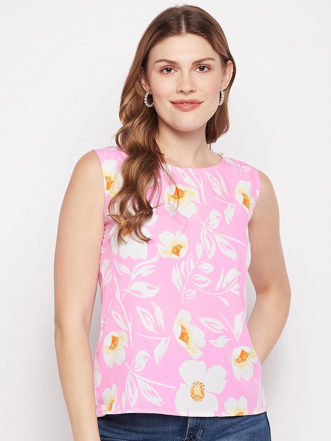 

Fashfun Conversational Printed Round Neck Crepe Top, Pink