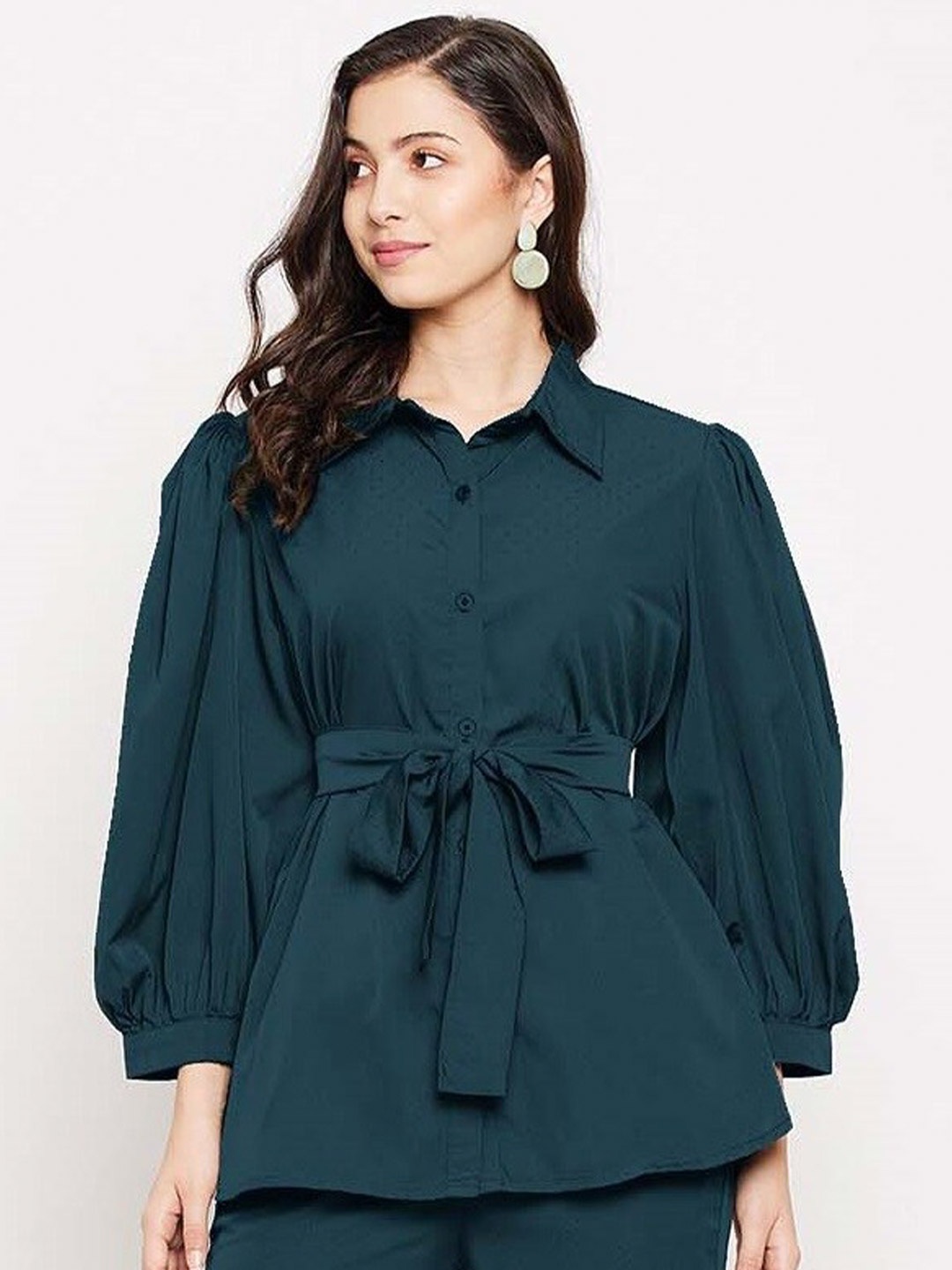 

Fashfun Puff Sleeve Shirt Style Top, Green