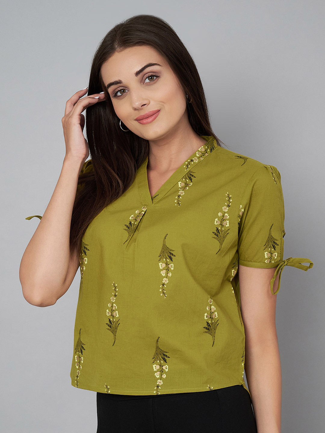 

Yaadleen Floral Printed Cotton Top, Olive