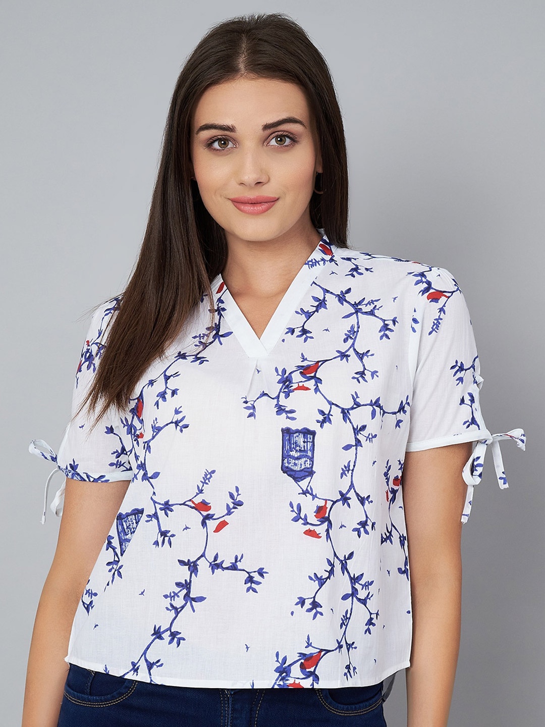 

Yaadleen Floral Printed Tie-Ups Cotton Shirt Style Top, Blue