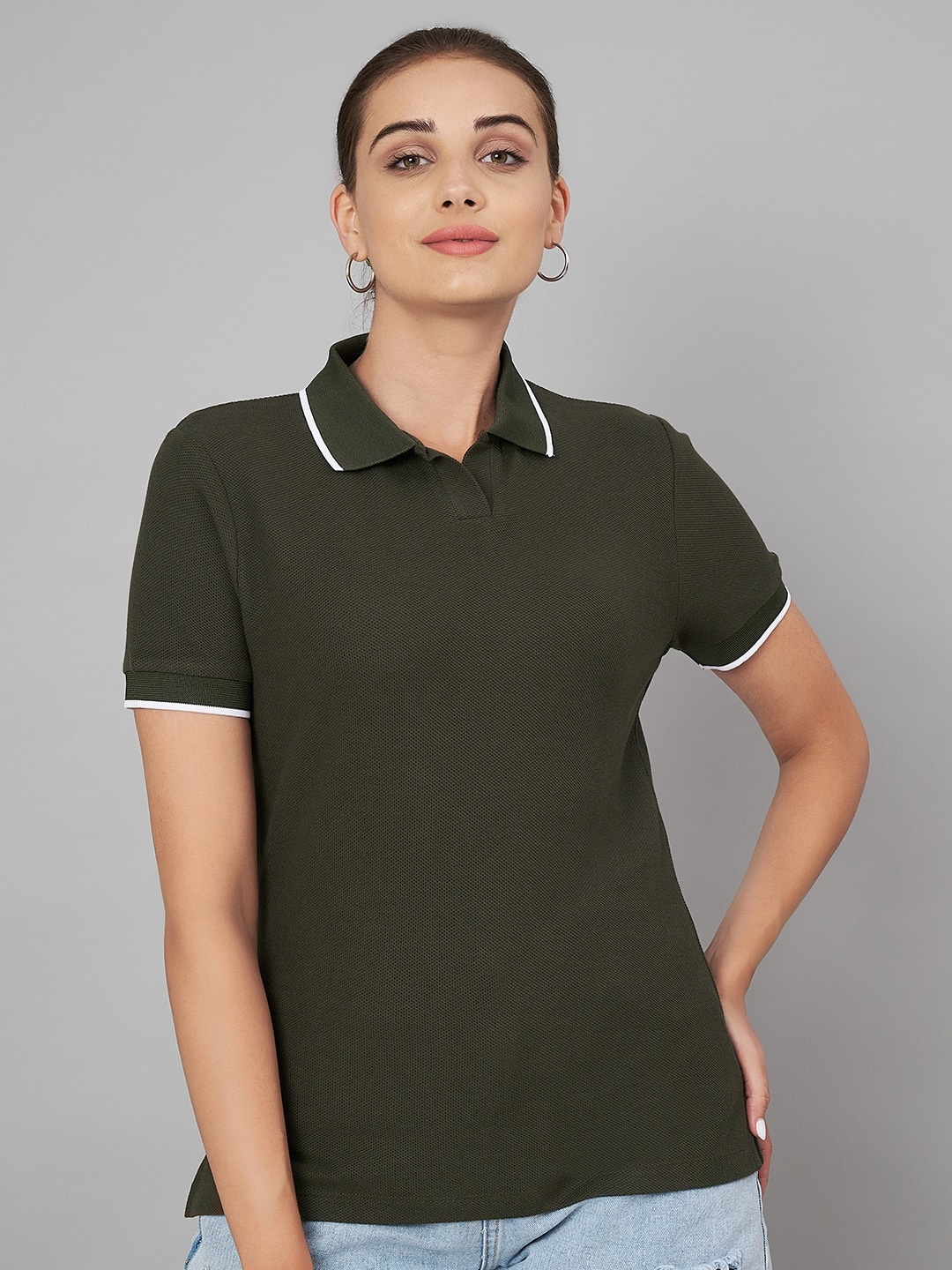 

Yaadleen Polo Collar Cotton T-shirt, Olive