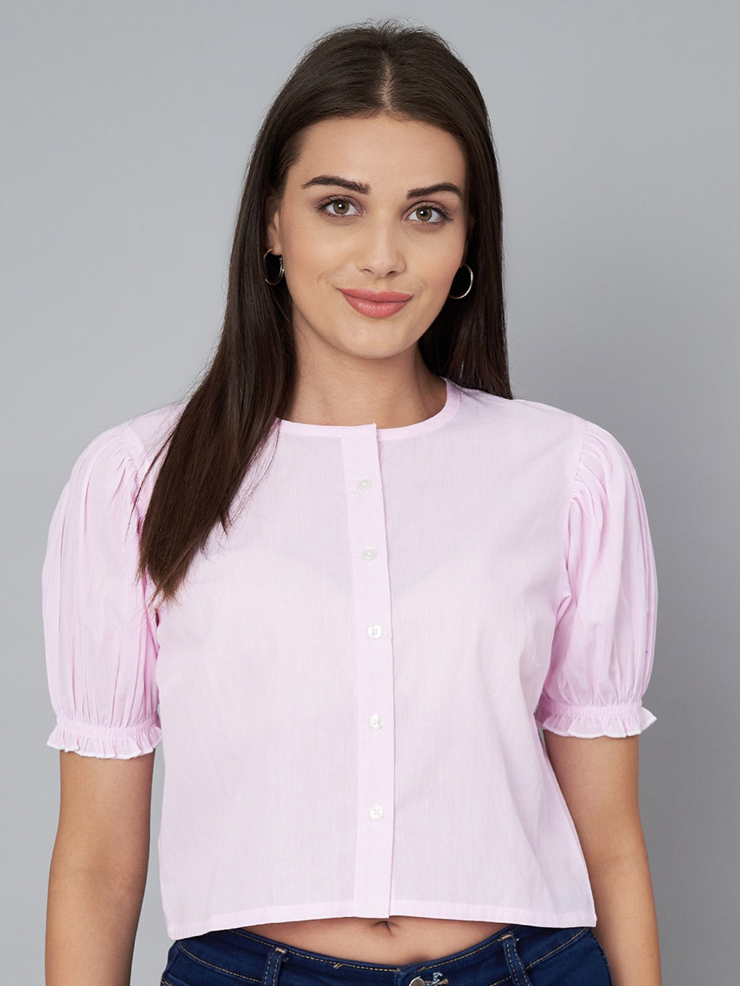 

Yaadleen Vertical Stripes Puff Sleeves Cotton Shirt Style Crop Top, Pink