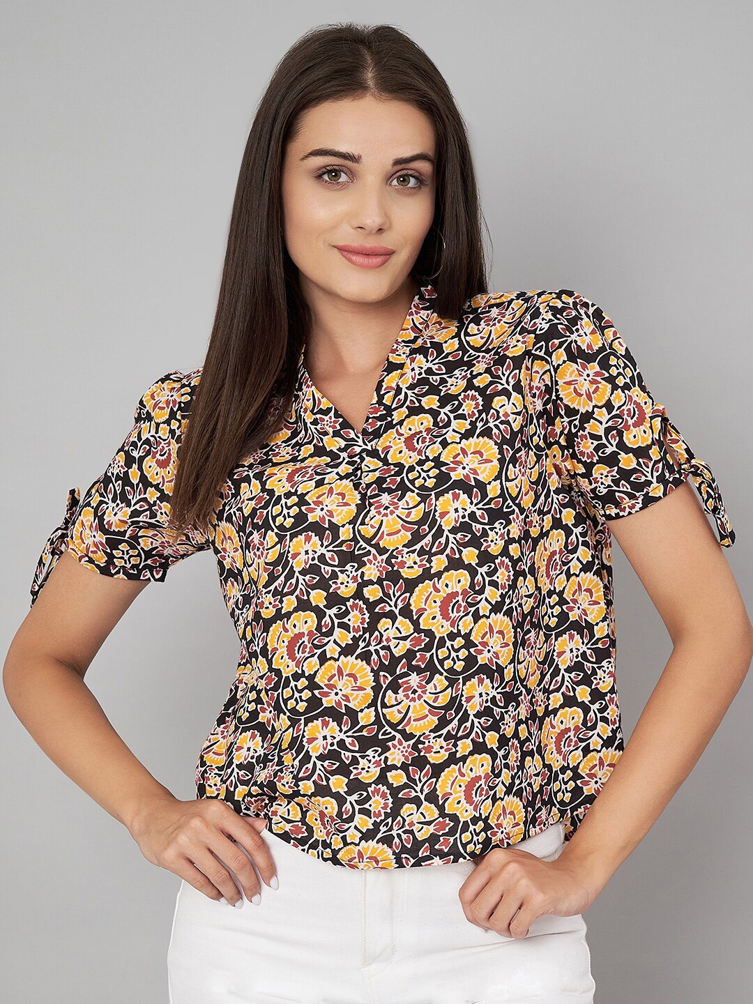 

Yaadleen Floral Printed Tie-Ups Cotton Shirt Style Top, Black