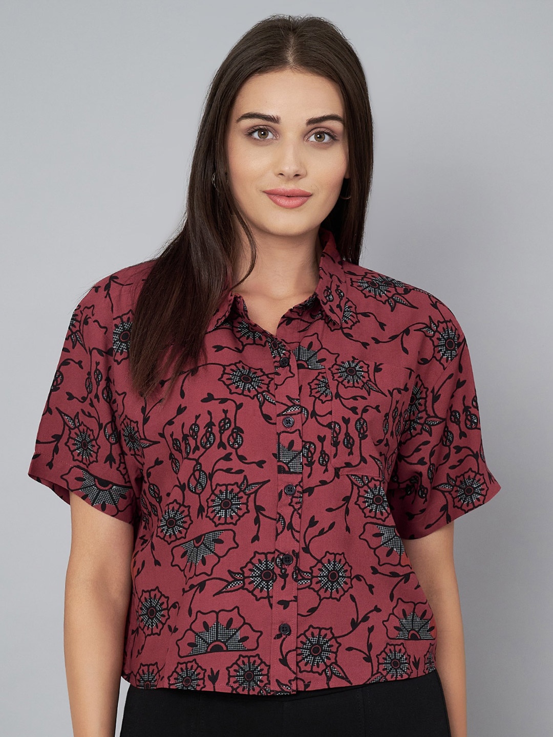 

Yaadleen Floral Printed Cotton Shirt Style Top, Burgundy