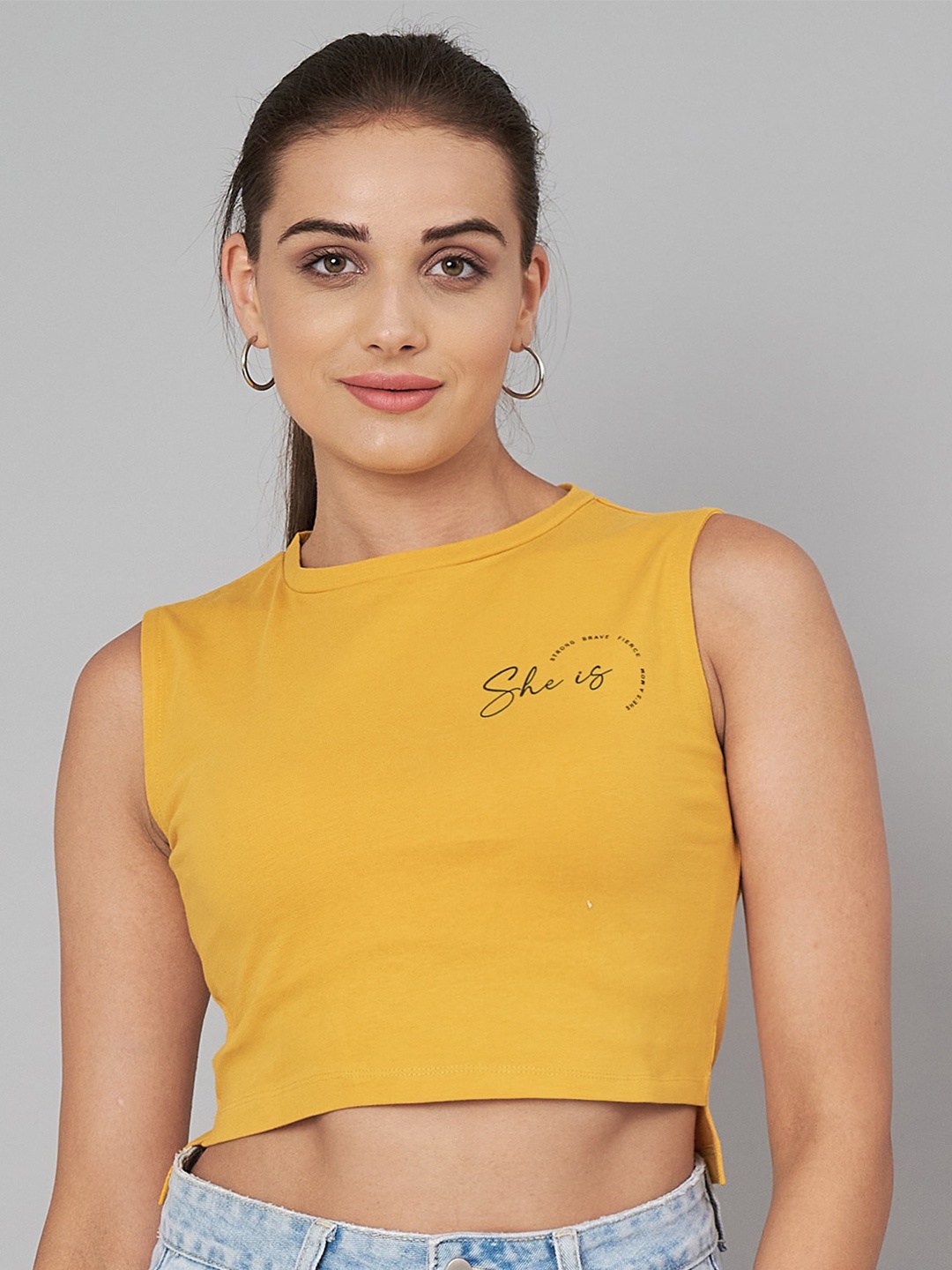 

Yaadleen Round Neck Cotton Crop Top, Yellow