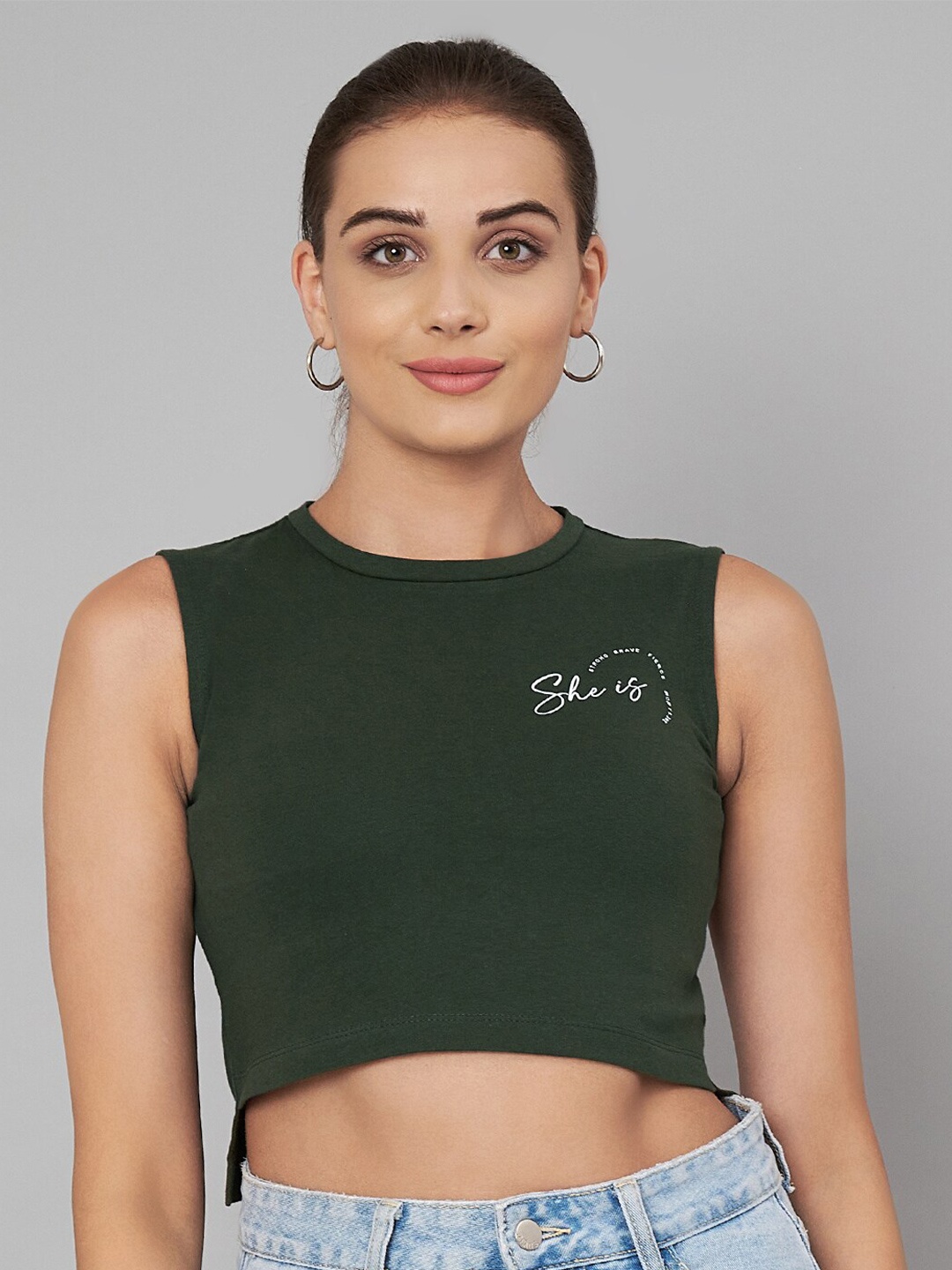 

Yaadleen Sleeveless Cotton Crop Top, Olive
