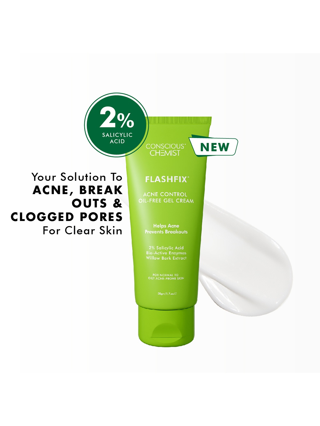 

Conscious Chemist Flashfix Acne Spot Corrector Face Cream with 2% Salicylic Acid - 50g, Green