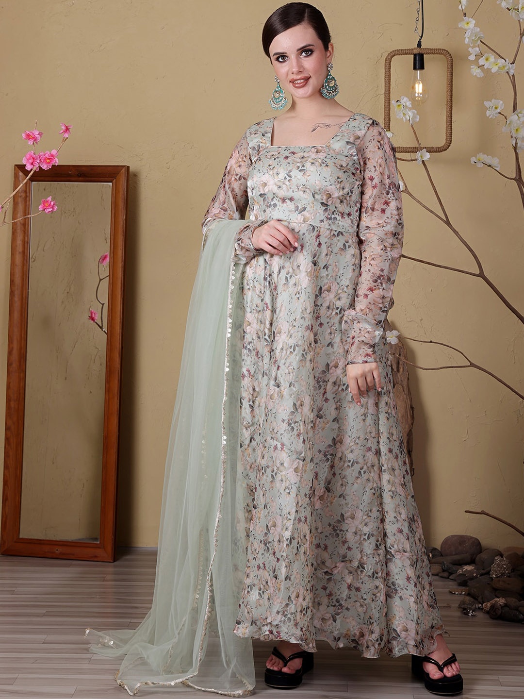 

Ethnovog Floral Printed A-Line Ethnic Dress with Dupatta, Sea green