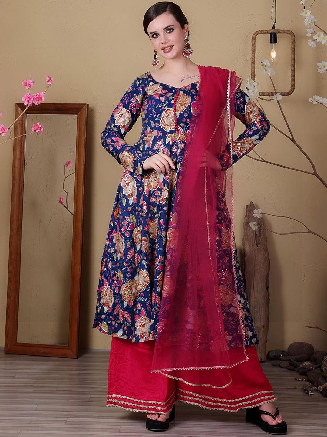 

Ethnovog Floral Printed V-Neck Gotta Patti Anarkali Kurta with Palazzos & With Dupatta, Blue