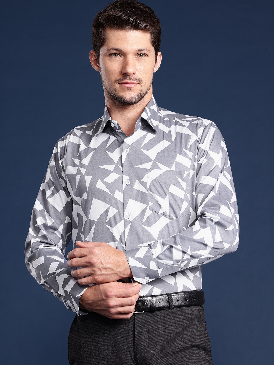 

Hancock Standard Slim Fit Opaque Printed Party Shirt, Grey