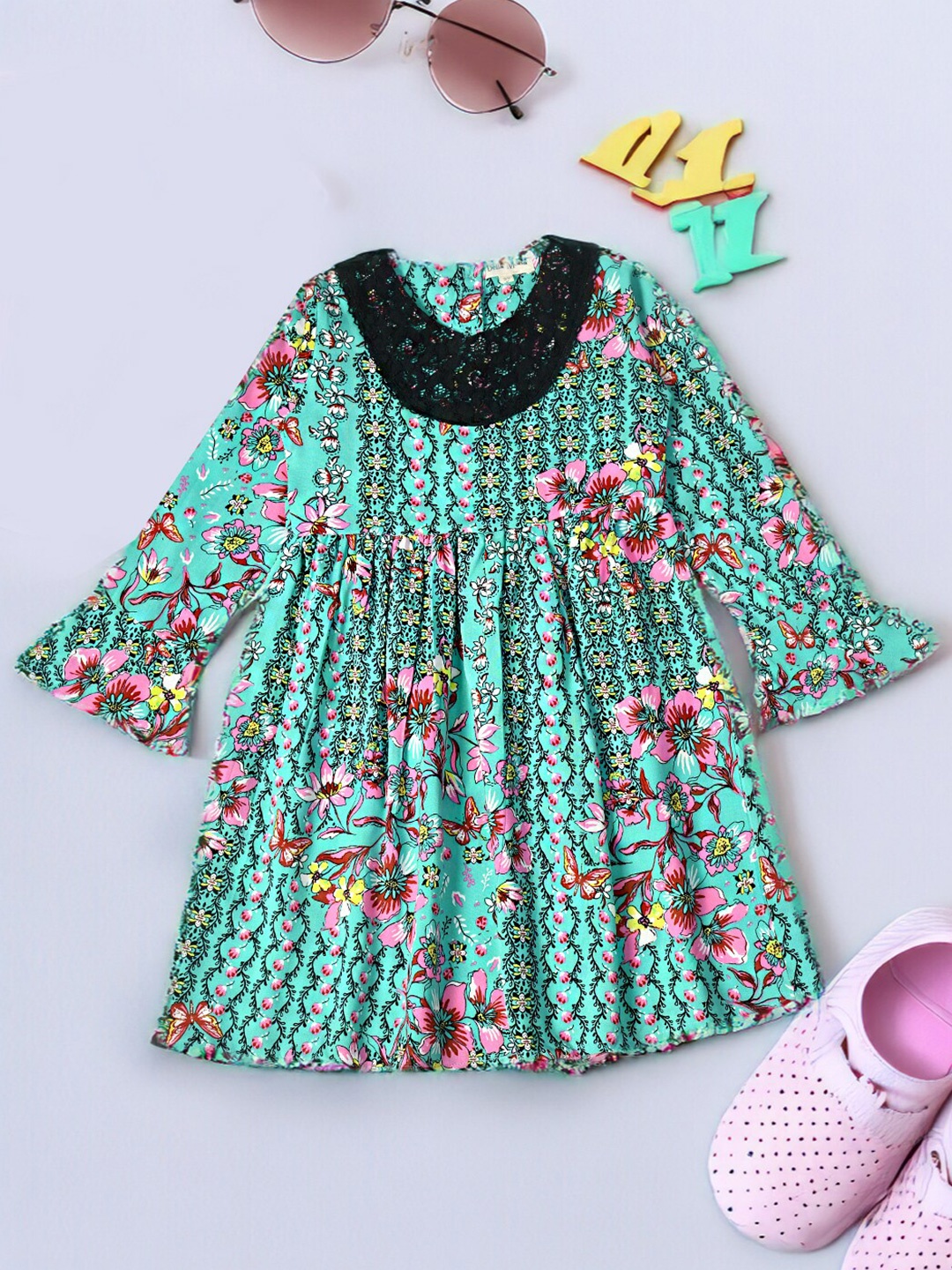 

BAESD Girls Floral Print Bell Sleeve Cotton Fit & Flare Dress, Green