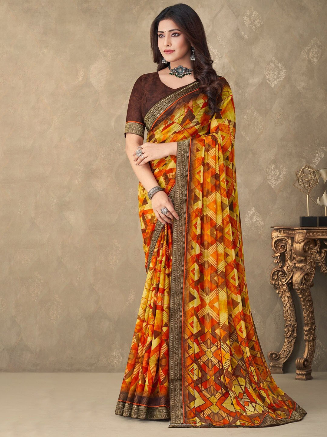 

Reboot Fashions Zari Pure Chiffon Saree, Mustard