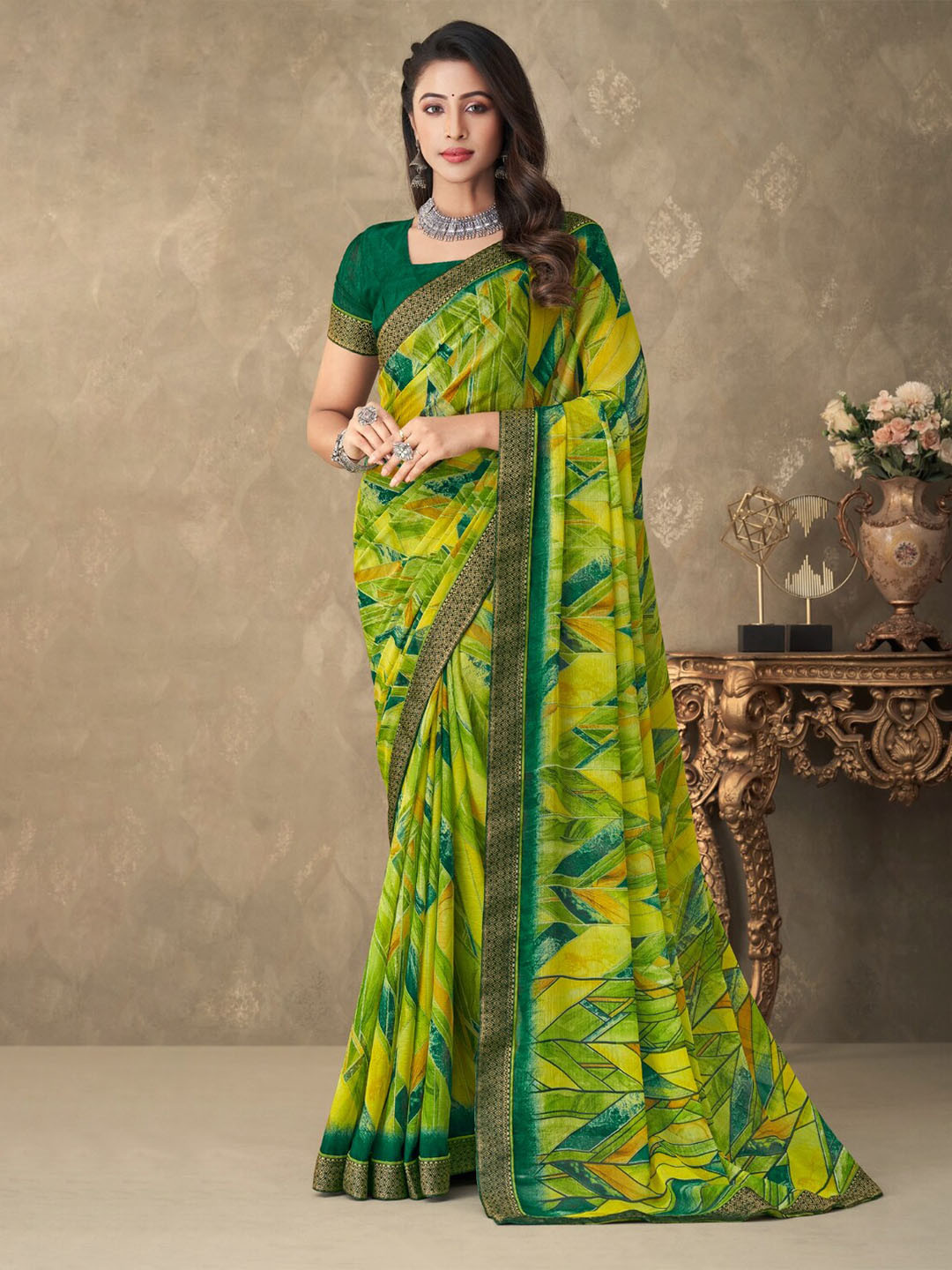 

Reboot Fashions Zari Pure Chiffon Saree, Green