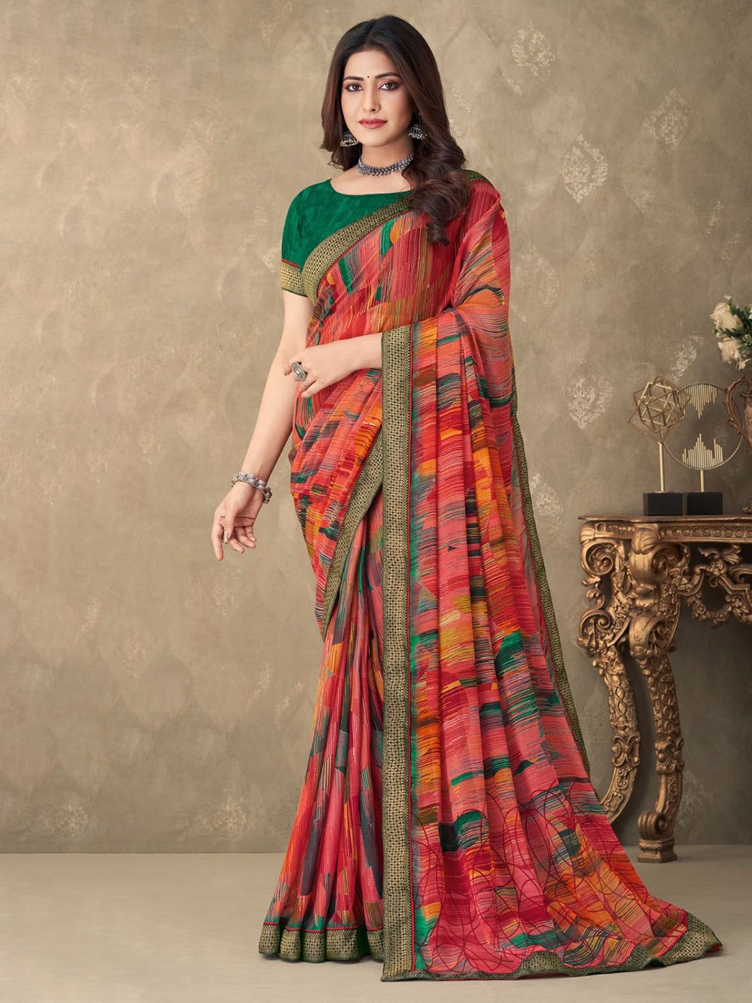 

Reboot Fashions Abstract Printed Zari Pure Chiffon Saree, Orange