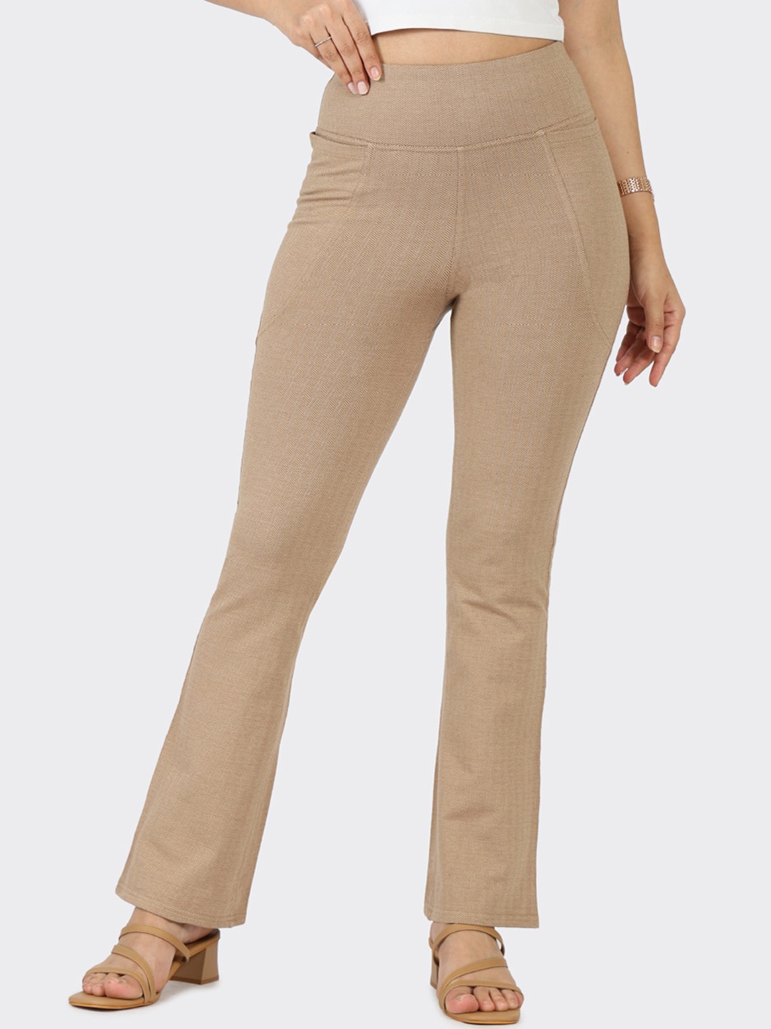 

Blissclub Women Herringbone Textured Tailored Flared High-Rise Wrinkle Free Trousers, Beige
