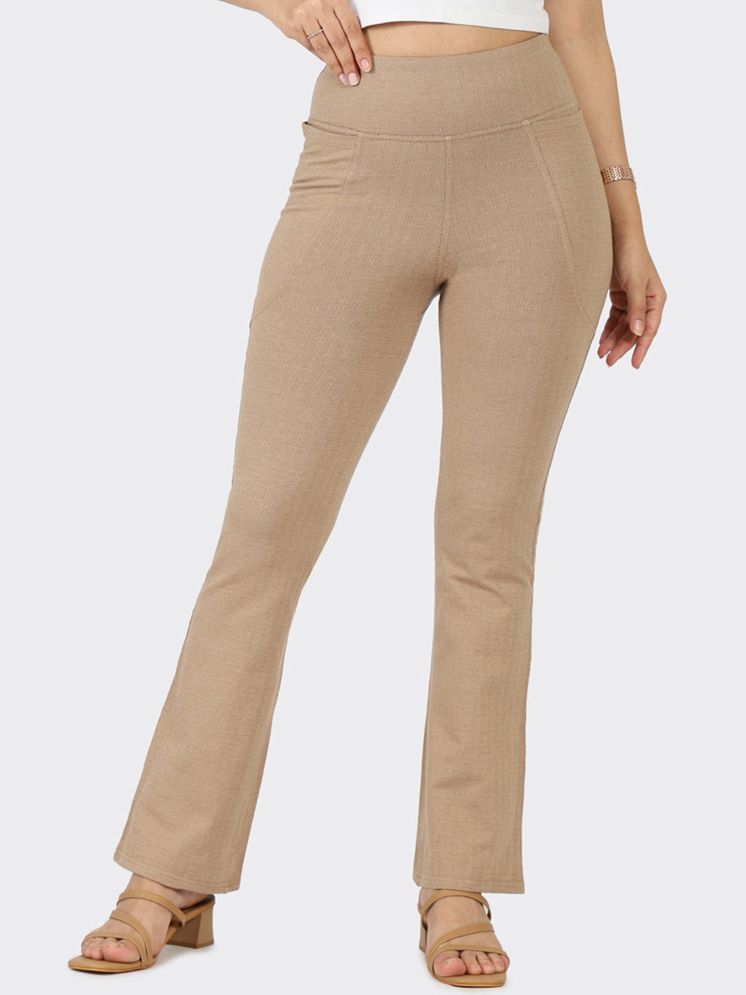 

Blissclub Women Herringbone Textured Tailored Flared High-Rise Wrinkle Free Trousers, Beige