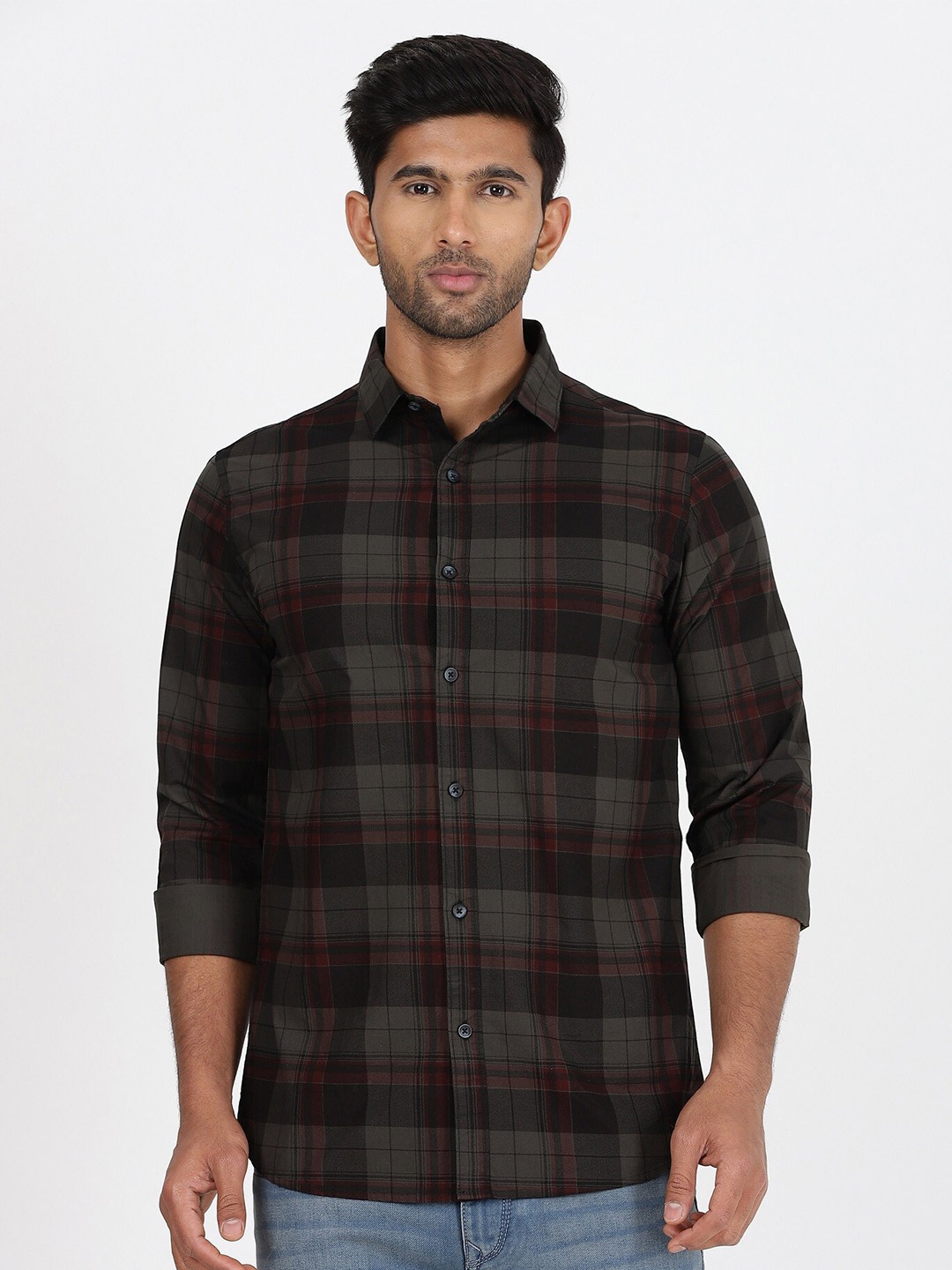 

Gavin Paris Tartan Checked Spread Collar Long Sleeves Cotton Casual Shirt, Black