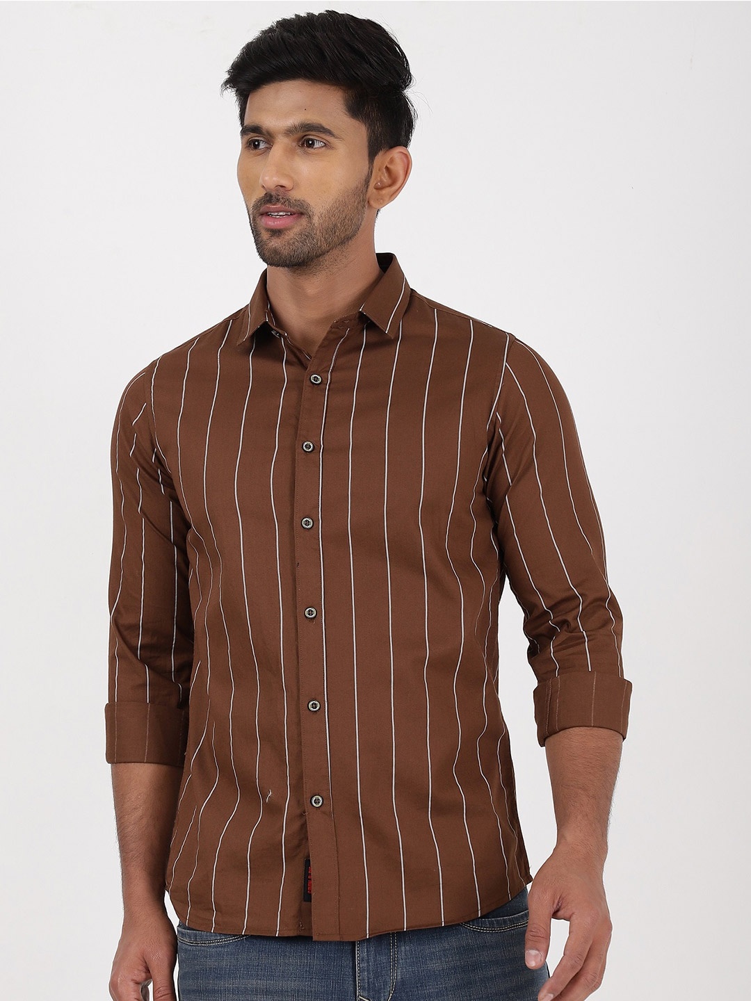 

Gavin Paris Striped Spread Collar Long Sleeves Cotton Semiformal Shirt, Brown