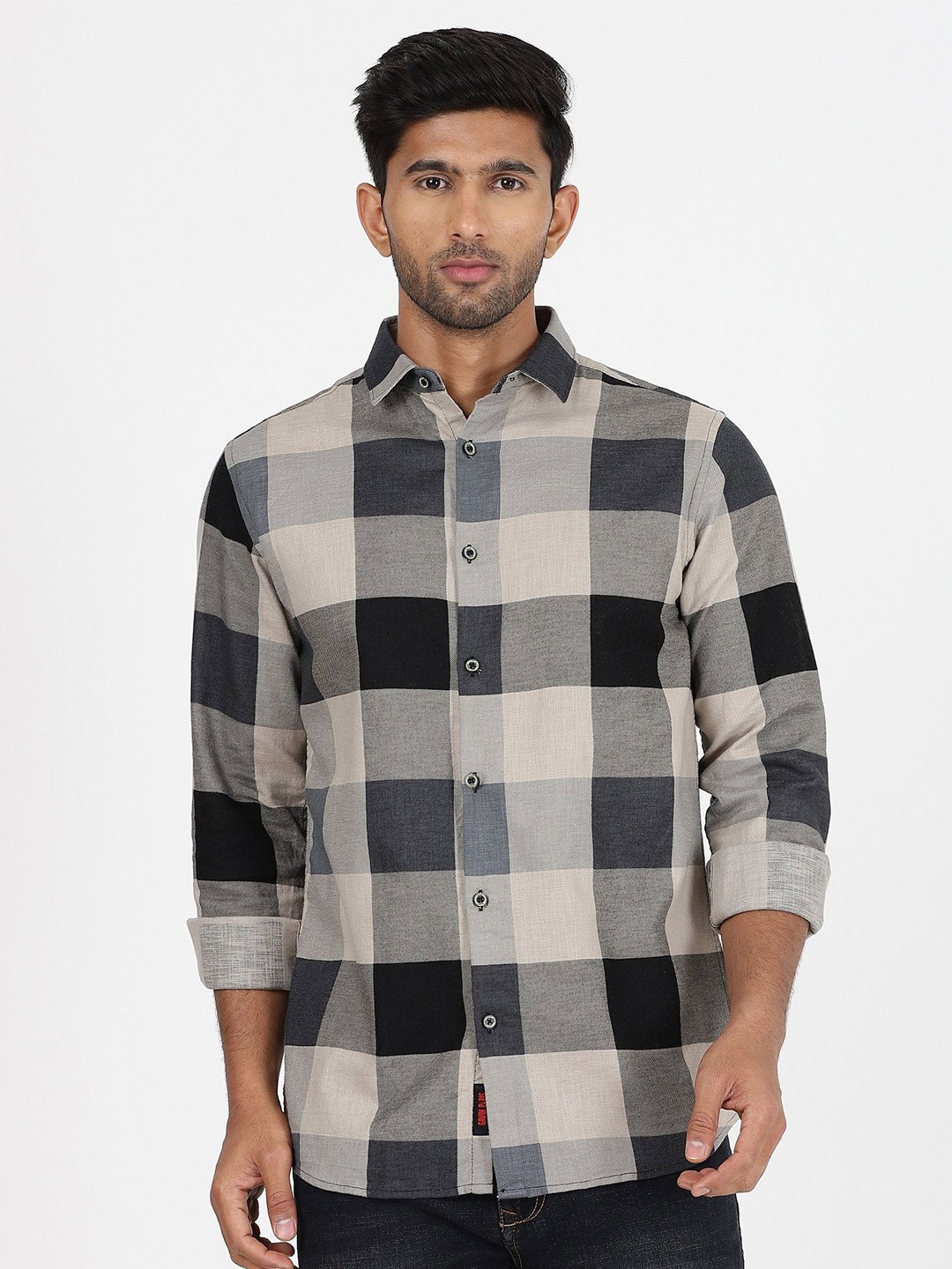 

Gavin Paris Buffalo Checked Spread Collar Long Sleeves Cotton Casual Shirt, Black