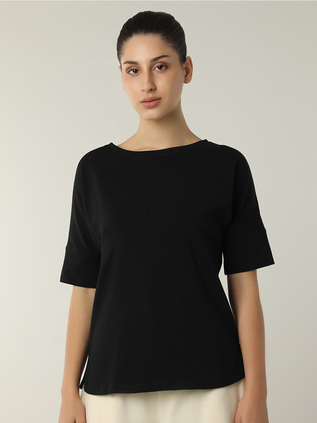 

Amante Boat Neck Drop-Shoulder Sleeves Bio Finish Cotton T-shirt, Black