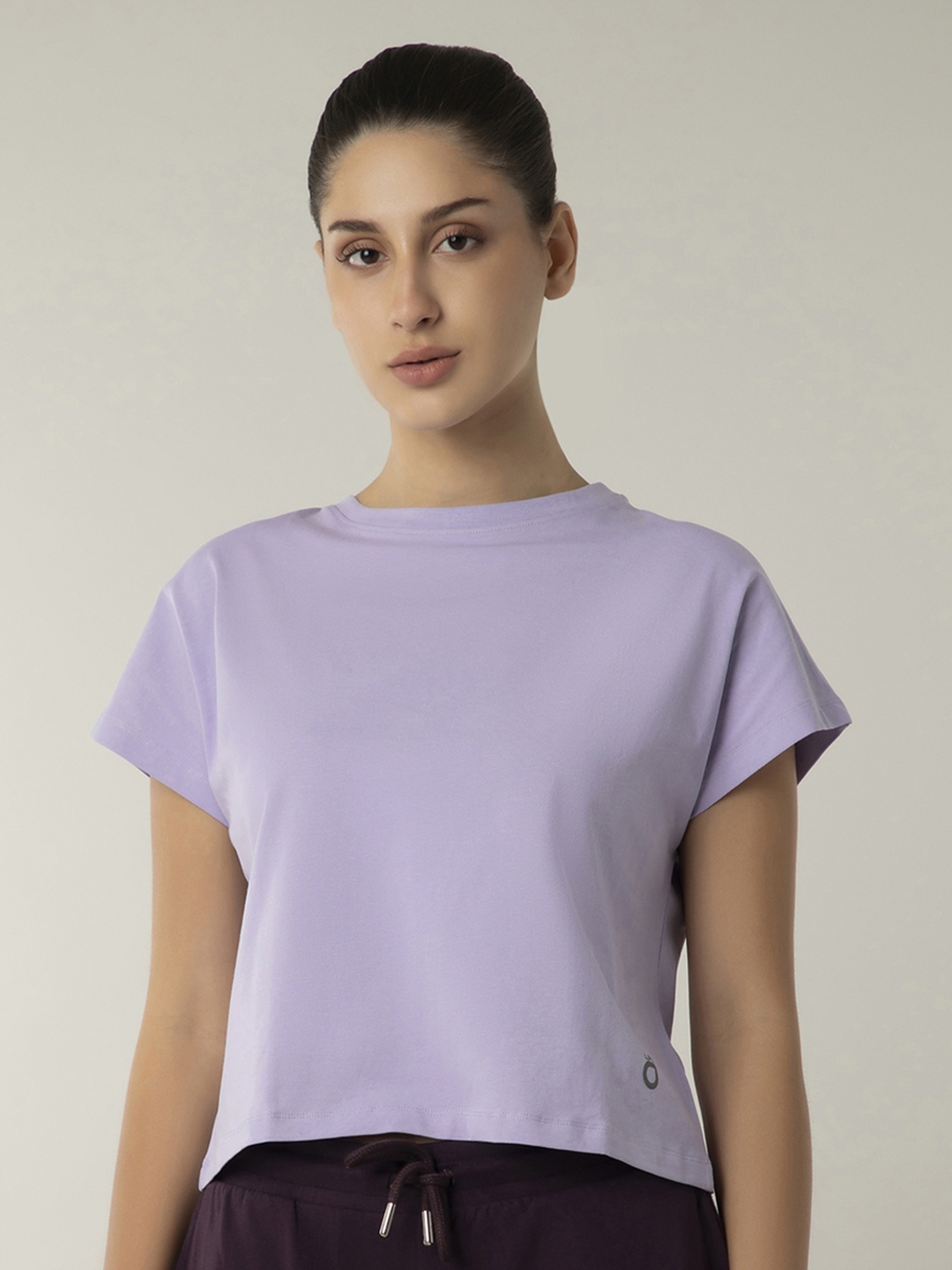 

Amante Round Neck Extended Sleeves Relaxed Fit Cotton Crop T-shirt, Purple