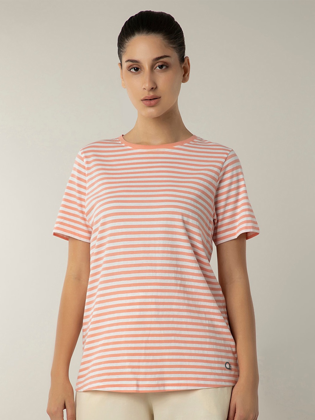 

Amante Round Neck Short Sleeves Striped Cotton T-shirt, Orange