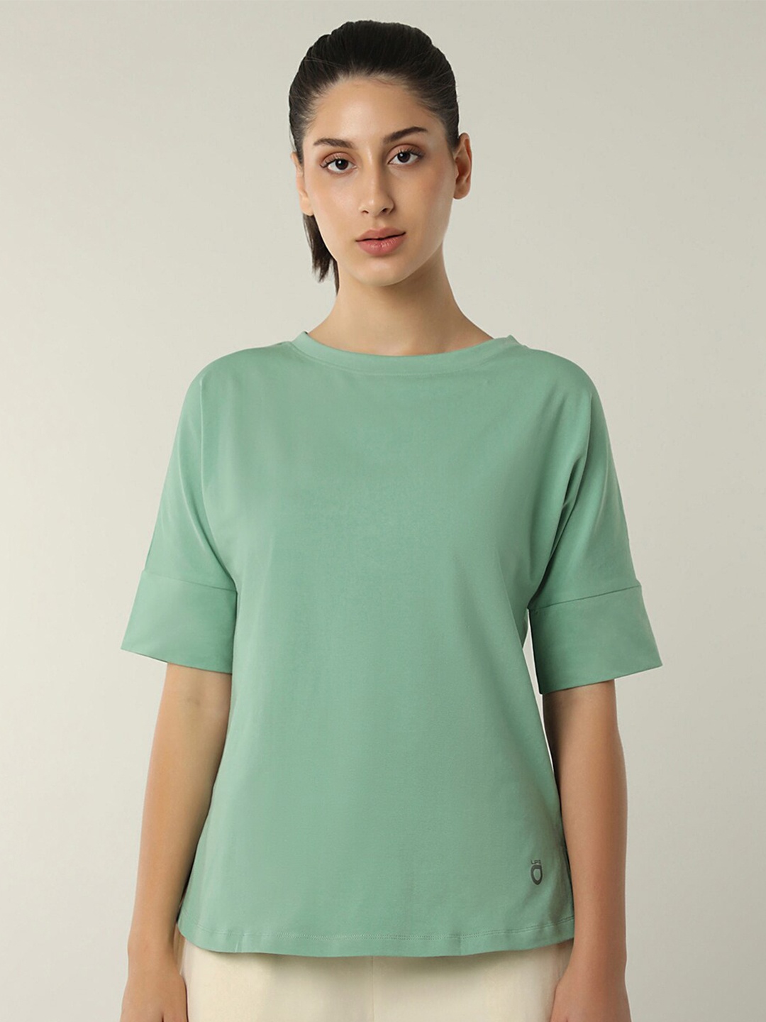 

Amante Boat Neck Drop-Shoulder Sleeves Cotton T-shirt, Green