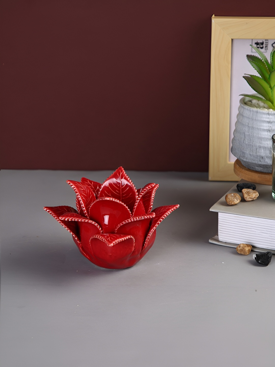 

Aura Red Textured Ceramic Blooming Petals Flower Candle Holder