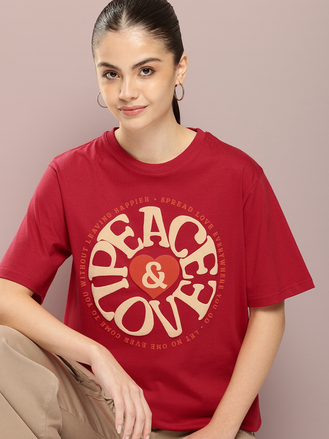 

DILLINGER Women Graphic Printed Embossed Oversized T-shirt, Red