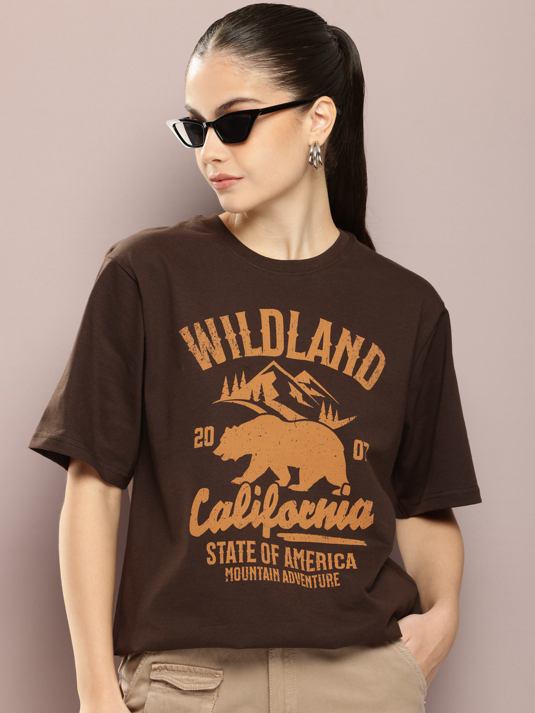 

DILLINGER Women Graphic Printed Oversized T-shirt, Brown