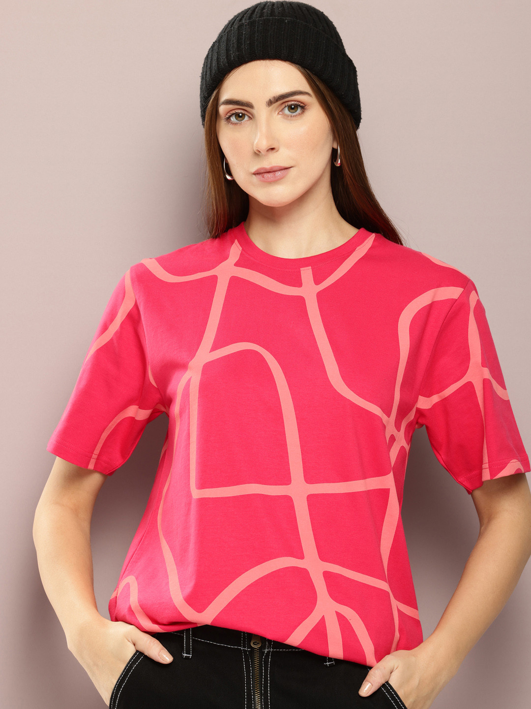 

DILLINGER Women Abstract Printed Oversized T-shirt, Pink
