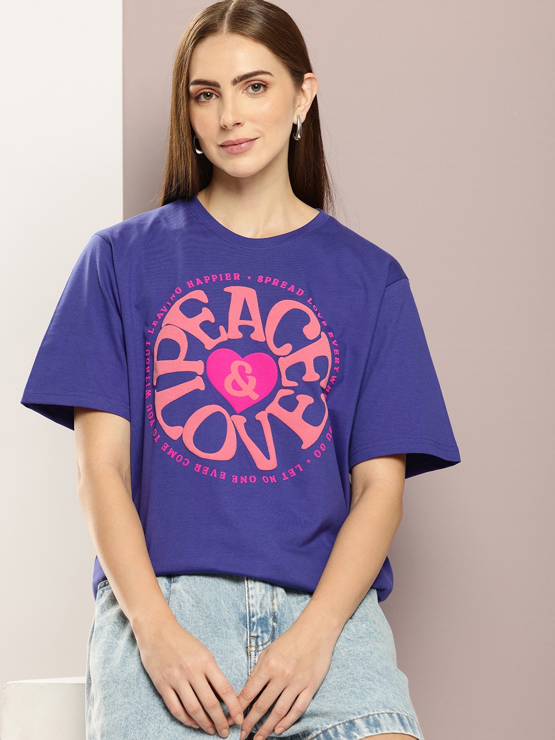 

DILLINGER Women Graphic Printed Embossed Oversized T-shirt, Navy blue